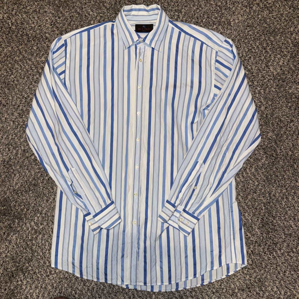 Etro Milano Mens Blue White Striped Button Up Shirt Size 42 Made in Italy Cotton